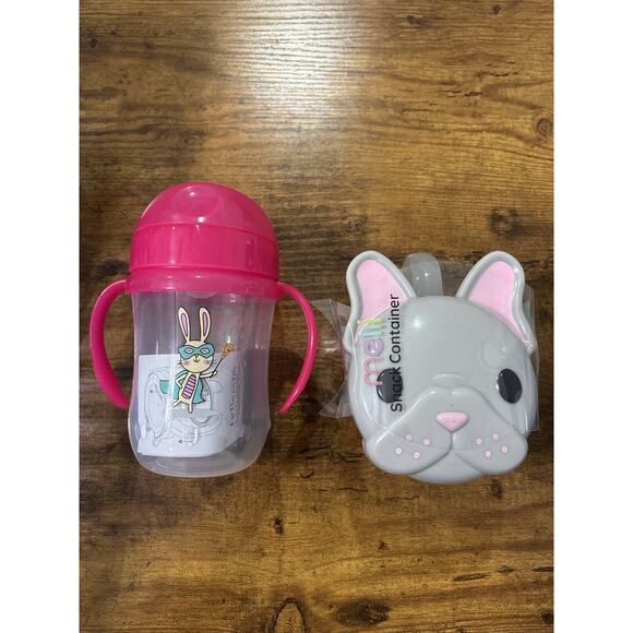Dr. Brown’s Pink Bunny Hero Sippy Cup 9oz + Melii Bulldog Snack Container Kids - Picture 1 of 3